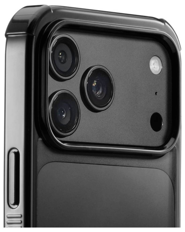 Gros plan du module de caméra arrière d'un smartphone noir avec trois objectifs, un flash et un capteur LiDAR sur une bosse carrée surélevée.