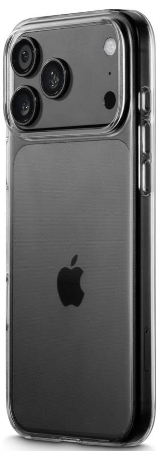 Étui iPhone noir transparent montré de l'arrière, avec trois découpes pour caméra et logo Apple visible.