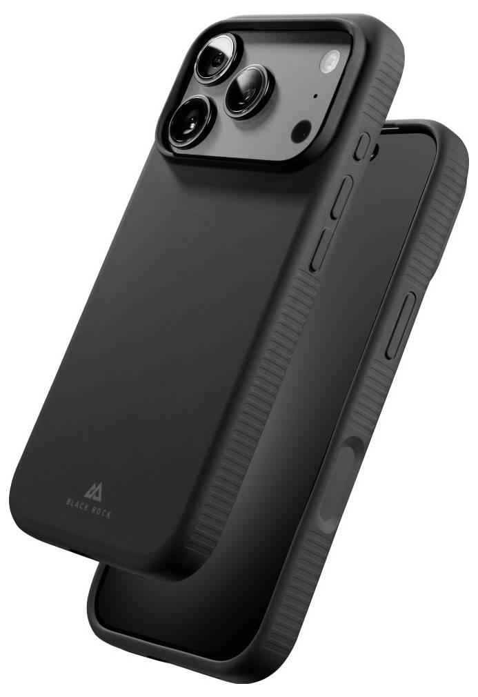 Étui de protection pour smartphone noir avec rebord surélevé pour l'appareil photo et découpes latérales pour les boutons, présenté sur un fond blanc.