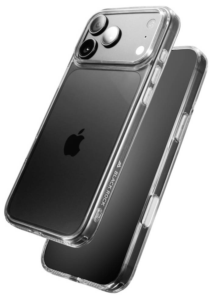 Deux smartphones noirs présentés dans des étuis de protection transparents, l'un de face et l'autre en angle derrière celui-ci.