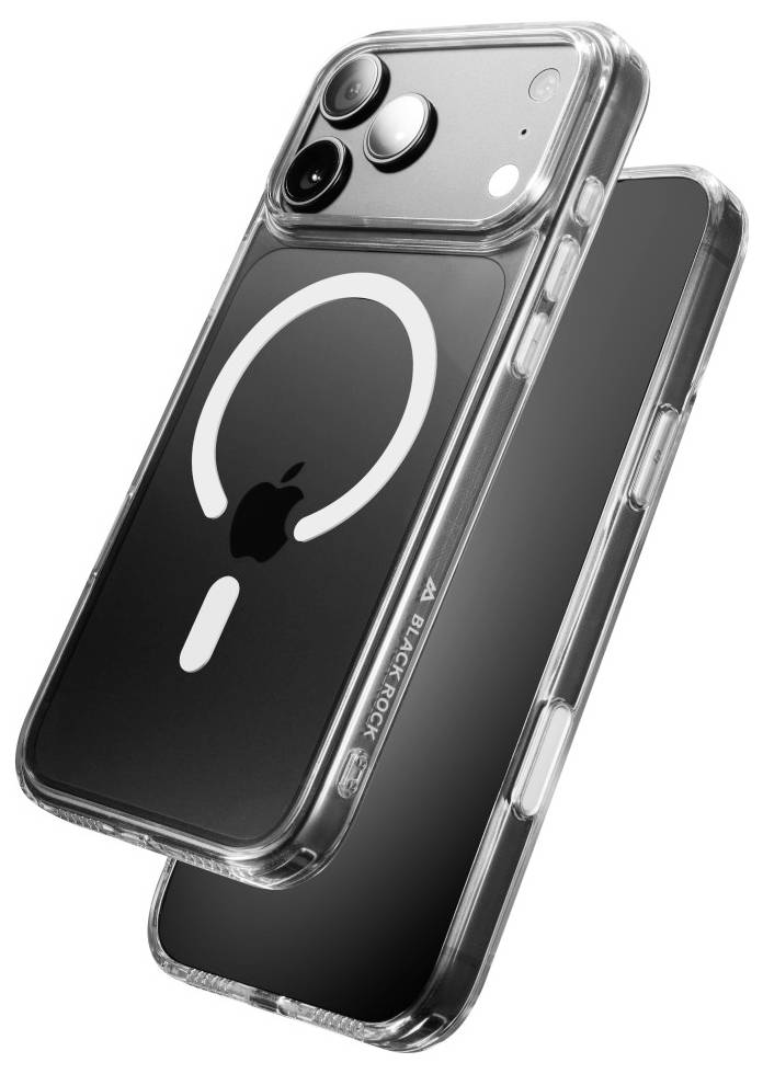 Deux smartphones présentés dans une coque de protection transparente, l'un montrant l'avant et l'autre l'arrière, avec un anneau noir de style MagSafe à l'arrière.