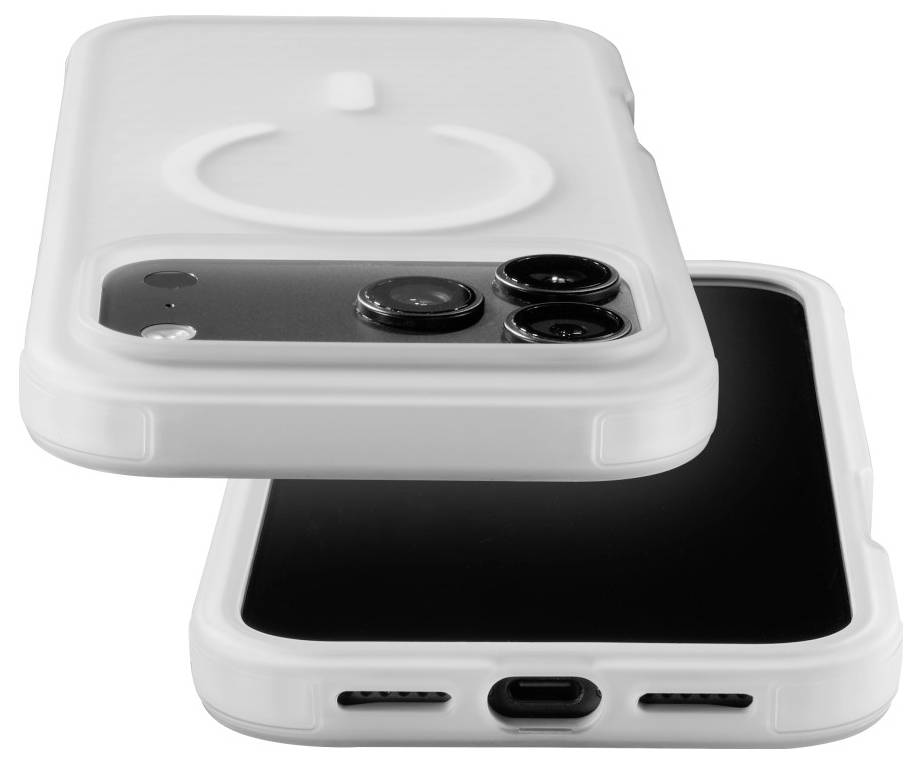 Deux étuis de protection blancs pour smartphone, l'un ouvert avec un intérieur noir et l'autre montrant les découpes pour l'appareil photo arrière et un design de prise circulaire surélevée.