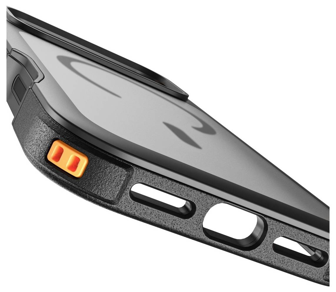 Gros plan du bord d'une coque de smartphone robuste avec un protecteur de bouton orange et des découpes pour les boutons latéraux et les ports sur un téléphone gris