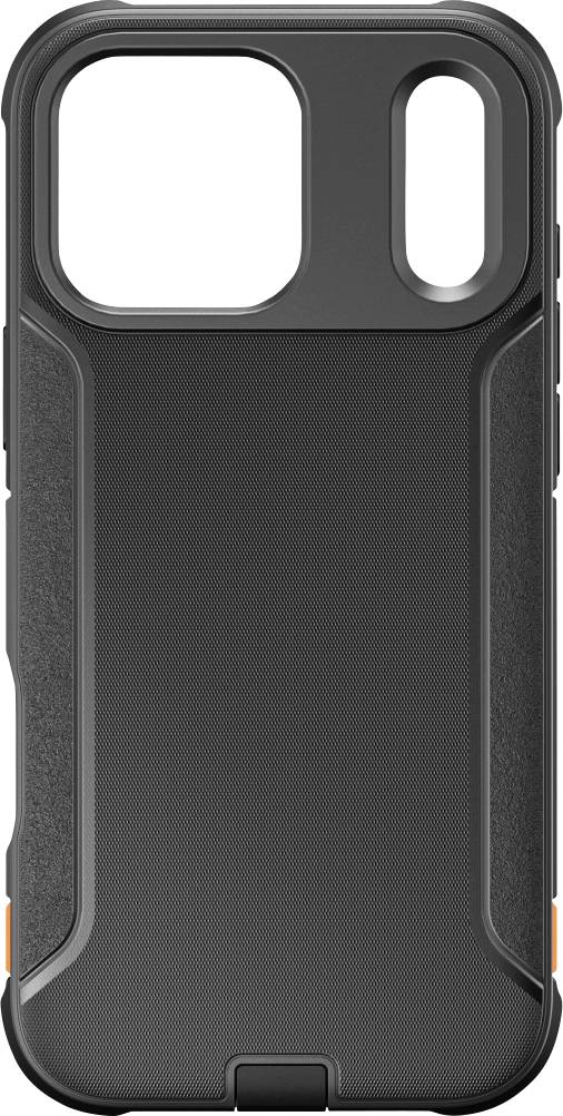 Vue arrière d'un étui de smartphone robuste noir avec une large découpe carrée pour l'appareil photo et une fine découpe latérale.