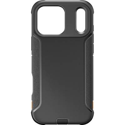 Vue arrière d'un étui de smartphone robuste noir avec une large découpe carrée pour l'appareil photo et une fine découpe latérale.