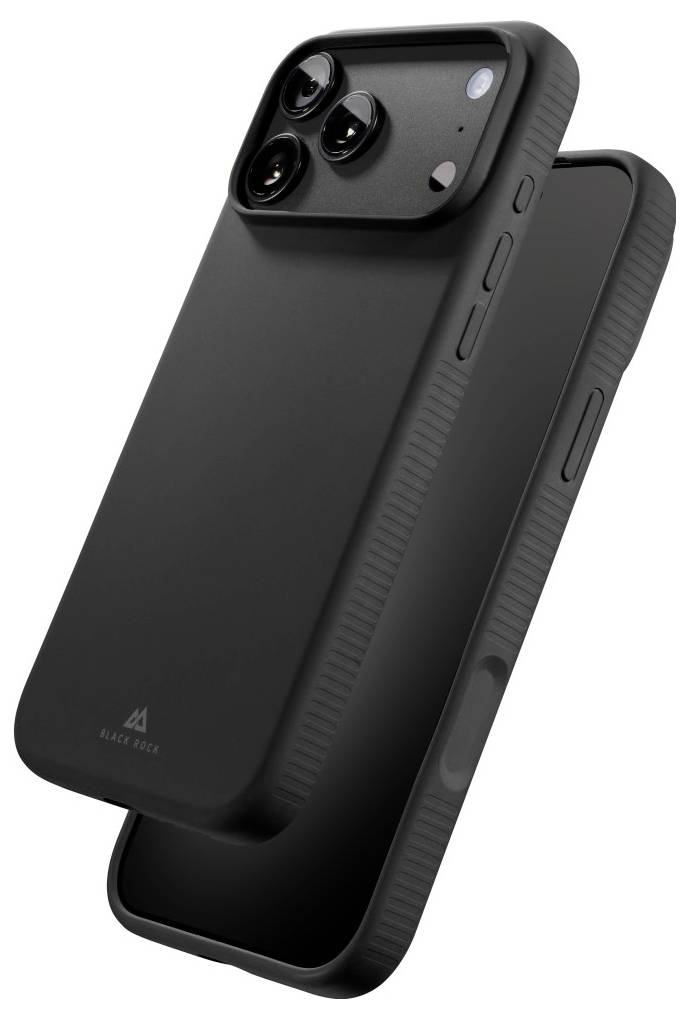 Étui de smartphone noir avec découpe surélevée pour triple caméra, montré de face et de dos sur fond blanc.