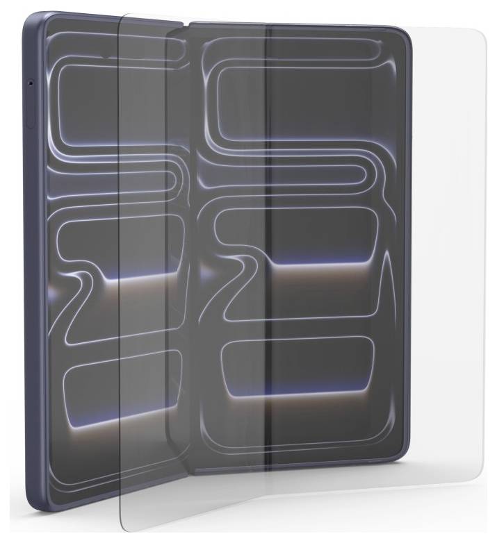 Trois étuis de téléphone/tablette multicouches présentés de face, incluant un étui foncé et un étui de protection transparent se chevauchant l'un l'autre.