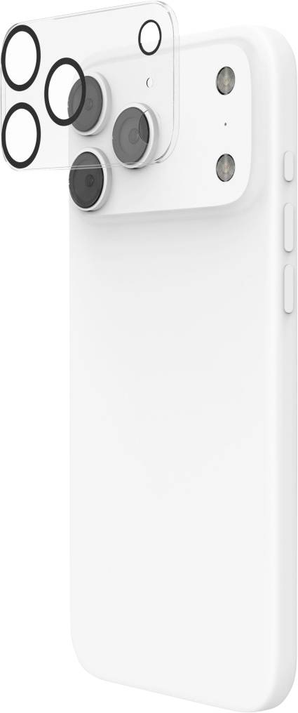 Smartphone blanc montré de l'arrière avec un grand module de triple caméra surélevé et un flash dans le coin supérieur gauche.