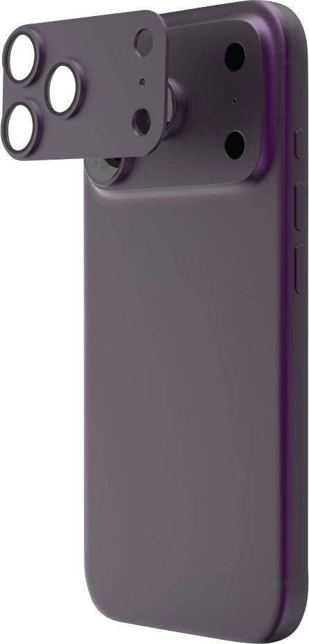 Smartphone violet avec un module caméra triple objectif proéminent à l'arrière, présenté en gros plan sur un fond blanc.