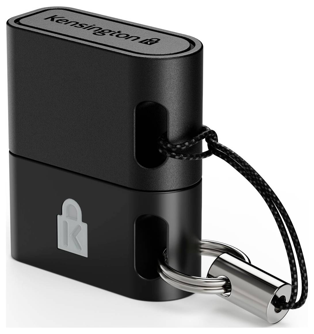 Câble de cadenas Kensington noir avec clé insérée, présenté comme un dispositif de sécurité compact avec un cordon tressé et un connecteur métallique.