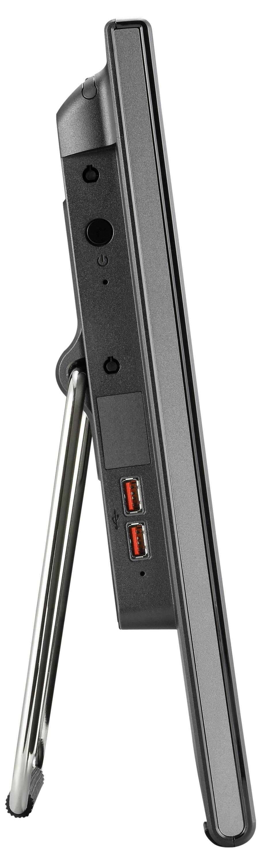 Vue latérale d'un appareil numérique noir pliable sur un support, avec deux petits voyants indicateurs rouges sur le côté.