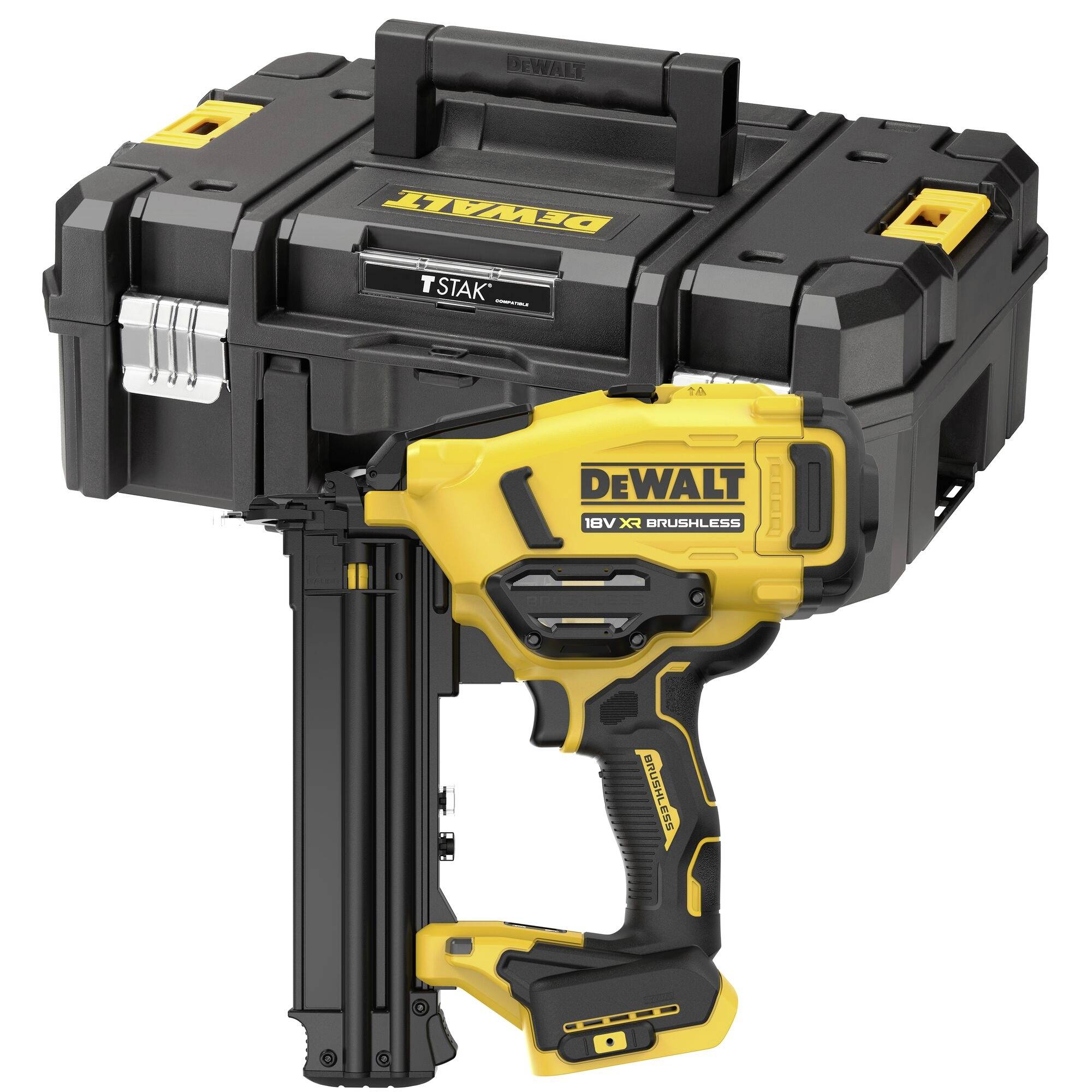Pistolet à clous sans charbon DEWALT 18V XR fixé à une boîte à outils TSTAK noire, présenté sur fond blanc.