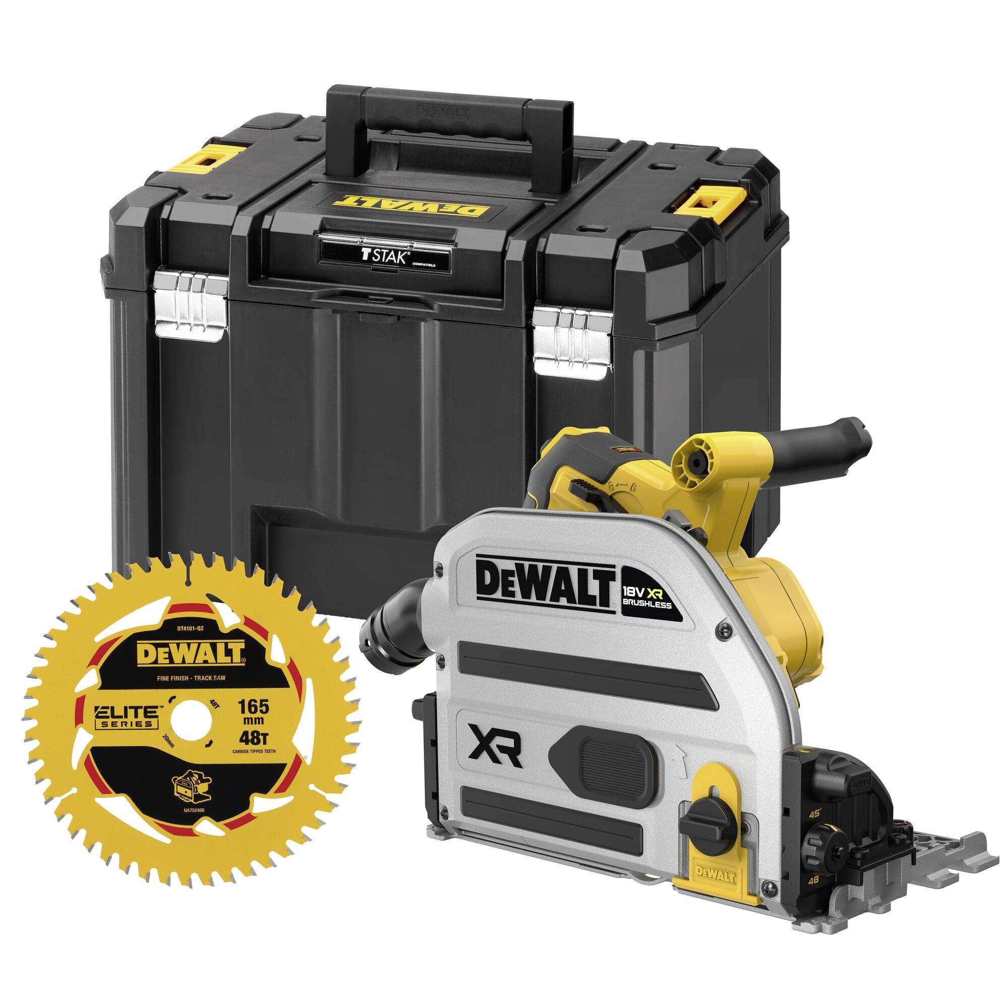 Scie circulaire sans fil DeWalt avec lame et étui de transport, présentée avec une boîte de rangement et un accessoire de lame de scie.
