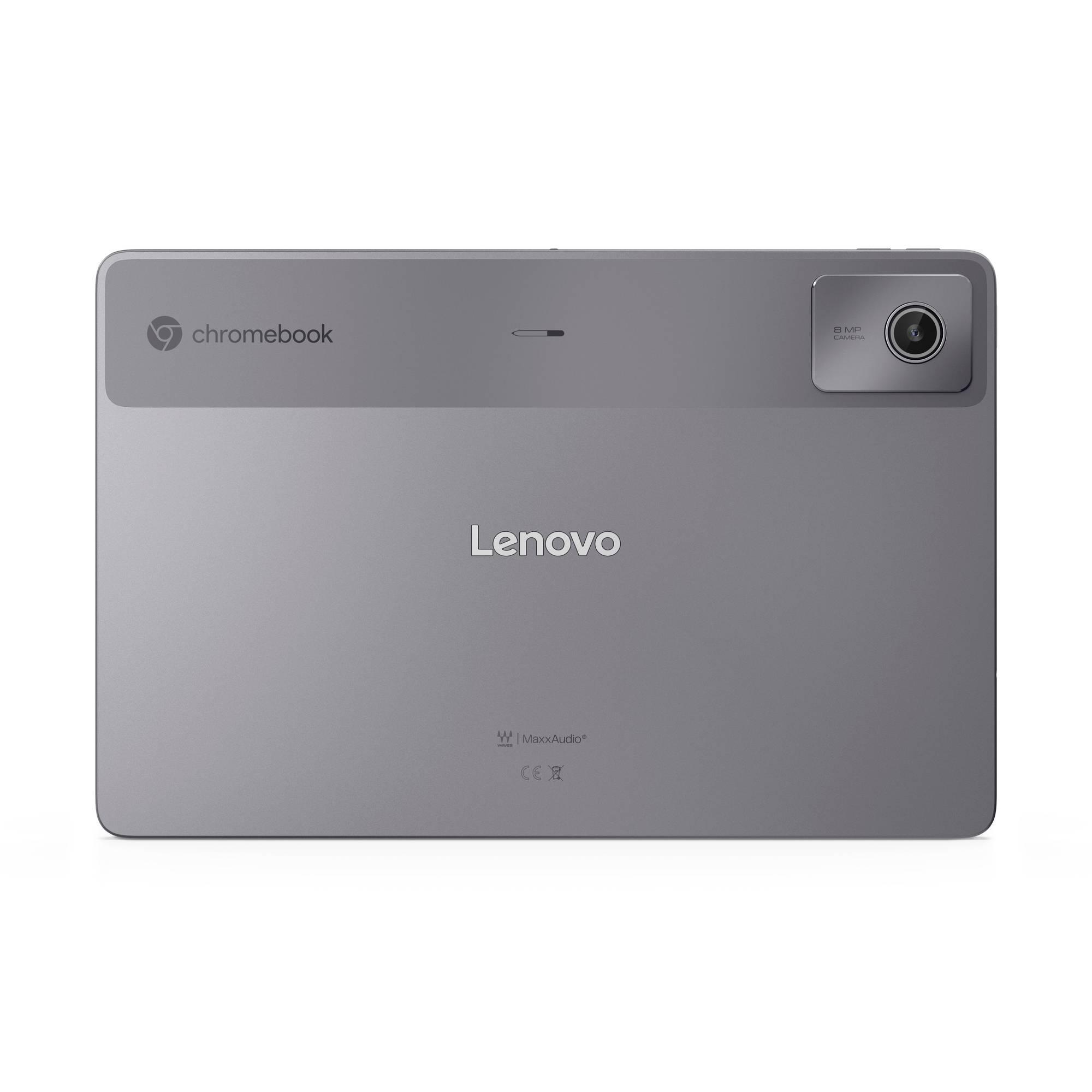 Arrière d'un ordinateur portable Lenovo Chromebook gris avec un module de caméra dans le coin supérieur droit.