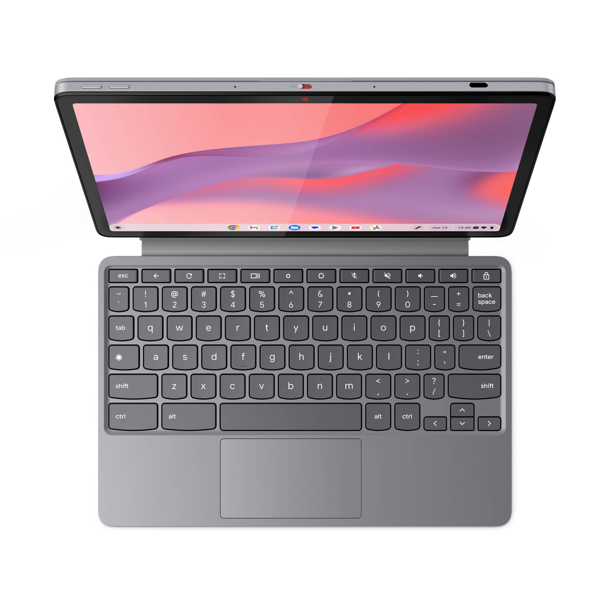 Ordinateur portable ouvert vu de haut avec écran allumé et clavier gris compact avec pavé tactile, affichant un fond d'écran de bureau abstrait rose et violet.