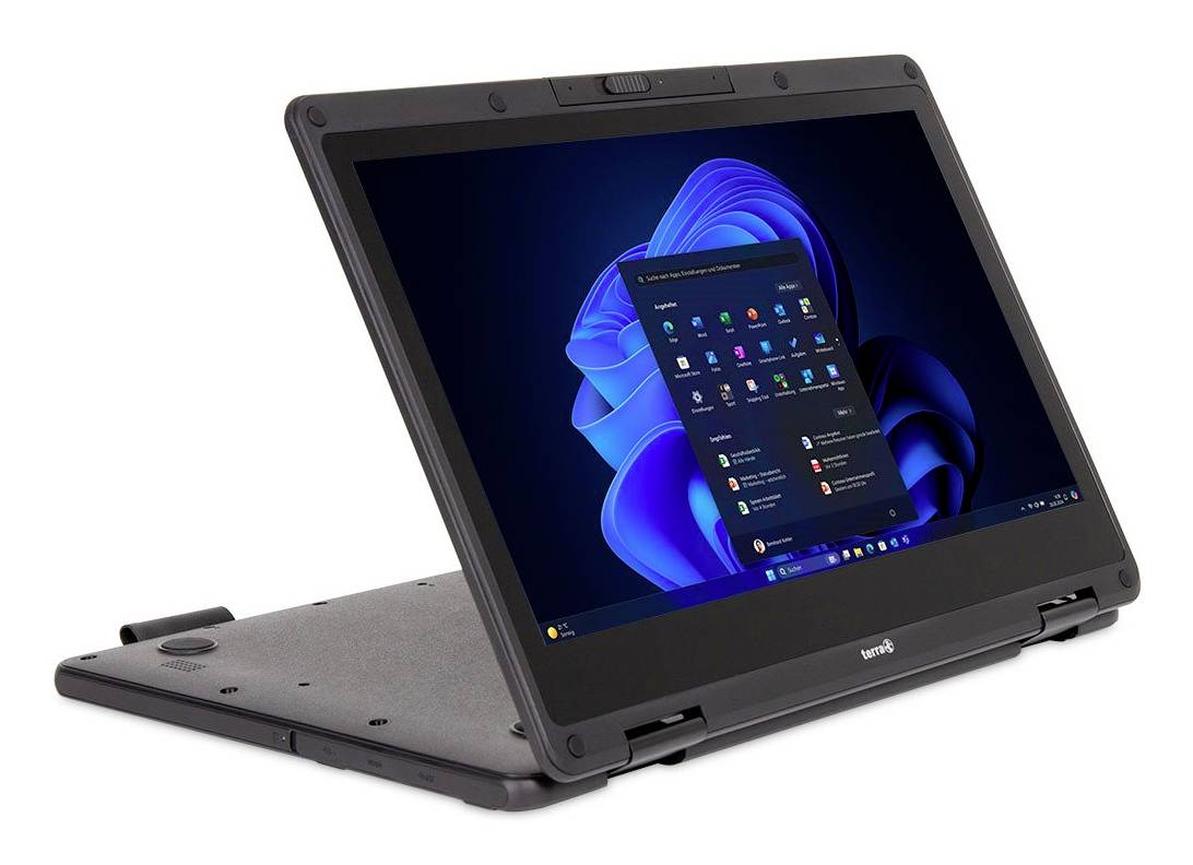 Un ordinateur portable convertible en mode tent affichant un bureau Windows 11 sur un écran noir.