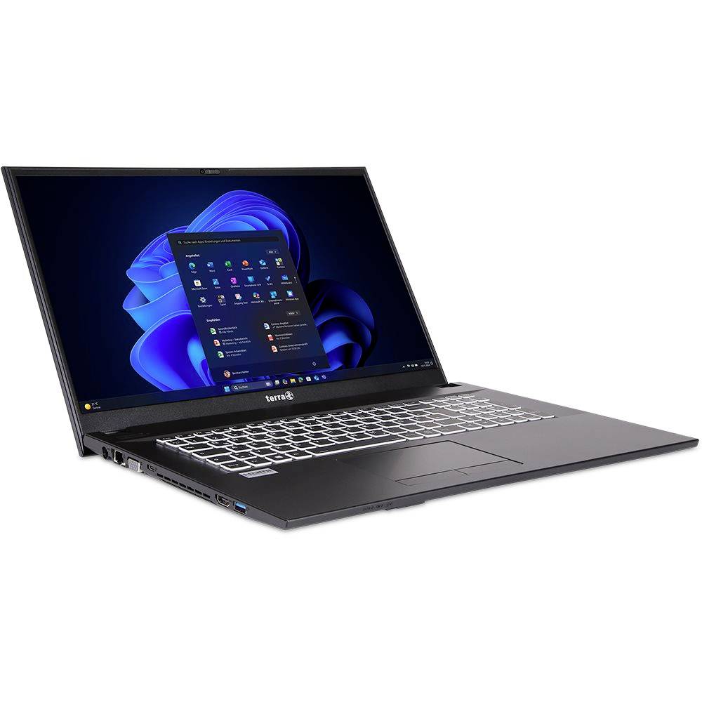 Ordinateur portable noir ouvert sur un fond blanc, affichant le bureau Windows 11 et le menu Démarrer sur son écran.