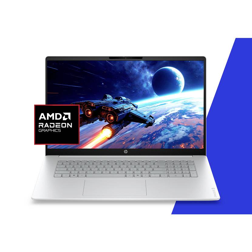 Ordinateur portable HP argenté affichant une scène de bataille spatiale, avec un badge « AMD Radeon Graphics » superposé sur l'écran.
