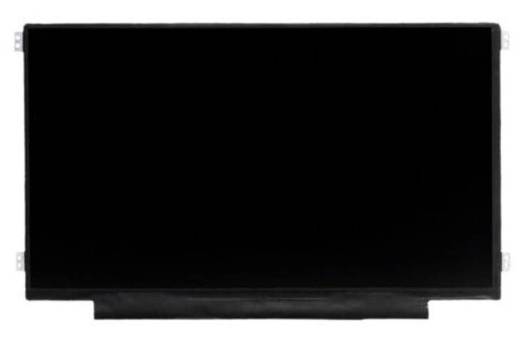 Un téléviseur écran plat noir sur un fond blanc, montré de face avec un large socle de support.