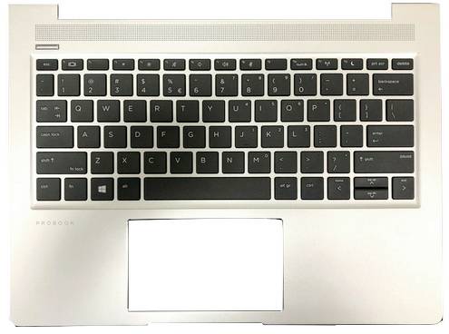 Vue de dessus d'un clavier d'ordinateur portable argenté avec des touches noires et un grand pavé tactile centré.