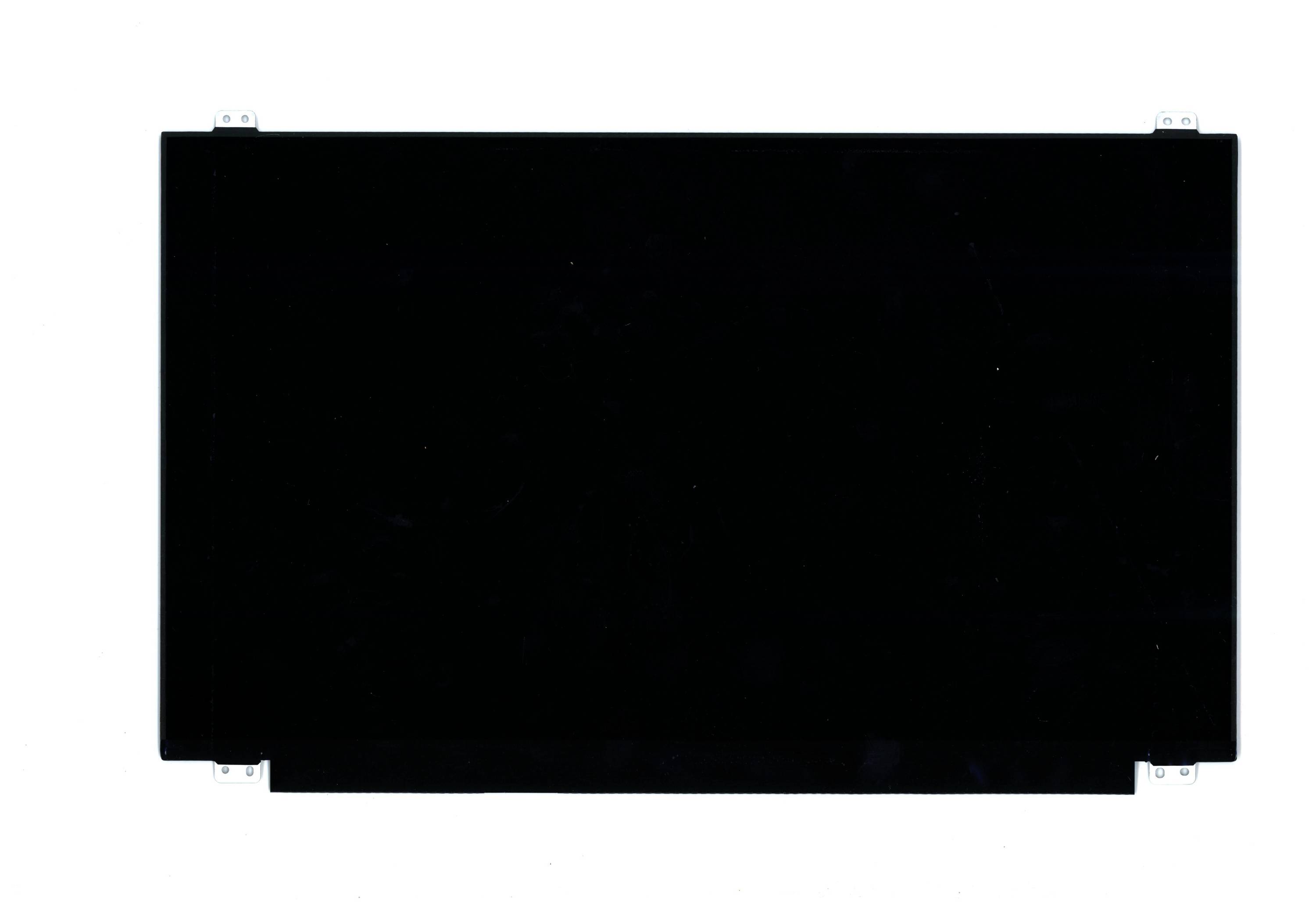 Panneau ou écran rectangulaire noir vide avec de petites pattes de montage aux coins sur un fond blanc.
