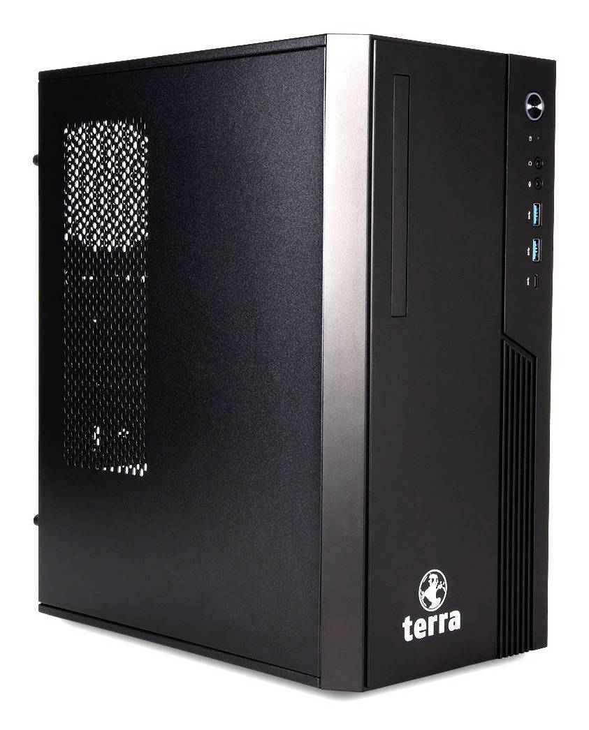 Boîtier de tour d'ordinateur de bureau Black Terra avec bouton d'alimentation frontal, ports USB et grille de ventilation sur fond blanc