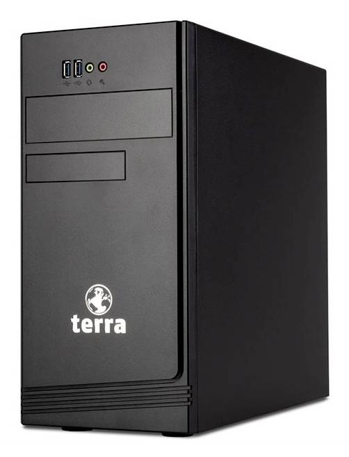 Tour d'ordinateur de bureau Black Terra avec ports USB et audio frontaux, présentée en vue trois quarts sur fond blanc.