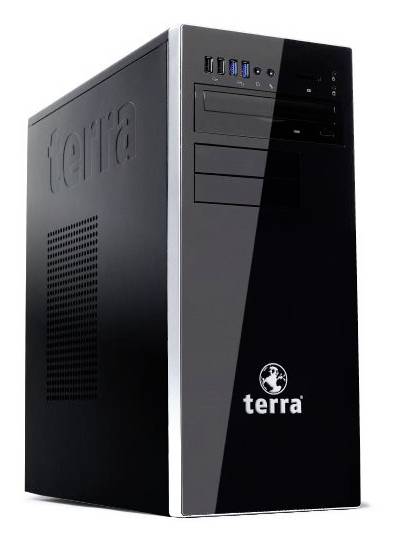 Boîtier de tour d'ordinateur de bureau Black Terra présenté sur un fond blanc, avec les ports USB avant et les baies de lecteur visibles.