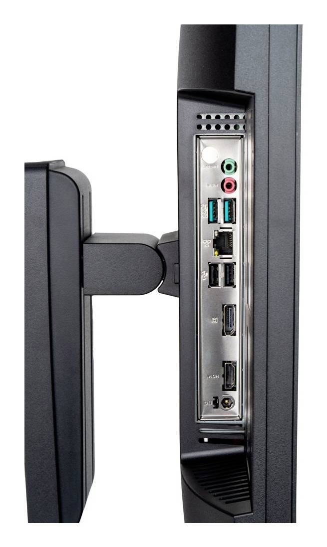 Gros plan à l'arrière d'un moniteur de bureau montrant un bras de montage VESA et les ports de connectivité, notamment les prises audio, USB, Ethernet et les entrées vidéo.