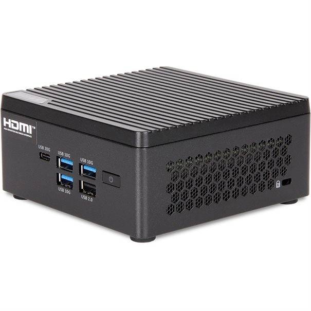 Mini PC noir compact avec logo HDMI, ports USB frontaux et bouton d'alimentation, présenté en vue trois quarts sur fond blanc.