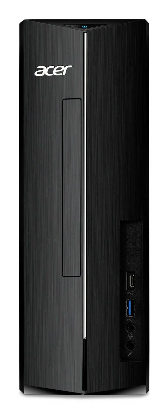 Vue de face d'un boîtier de tour de bureau Acer noir avec une bande verticale argentée et ports USB et audio frontaux.