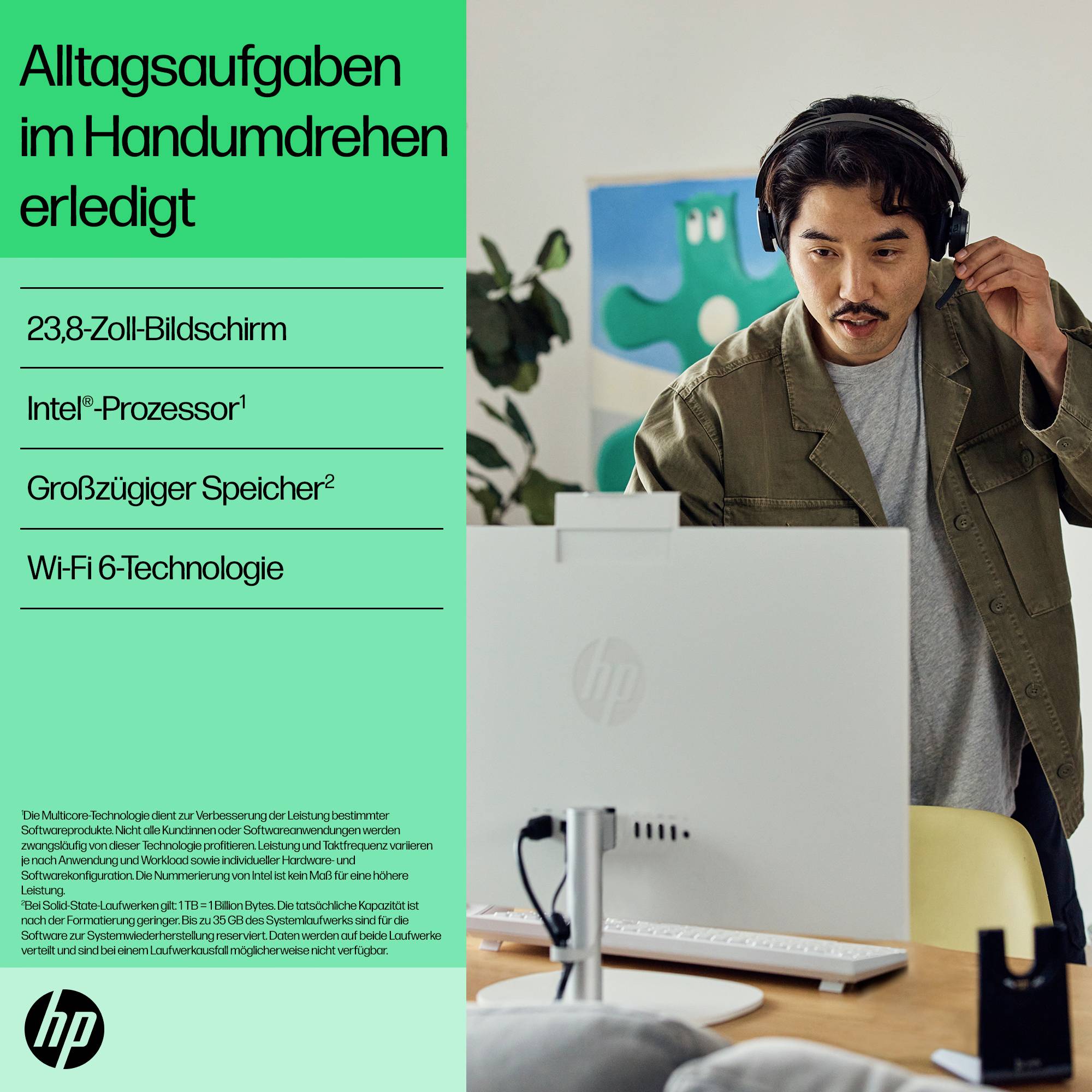 Annonce HP avec un homme utilisant un ordinateur de bureau ; le texte allemand met en évidence une utilisation quotidienne facile, un écran de 23,8 pouces, un processeur Intel, une mémoire généreuse et le Wi-Fi 6.