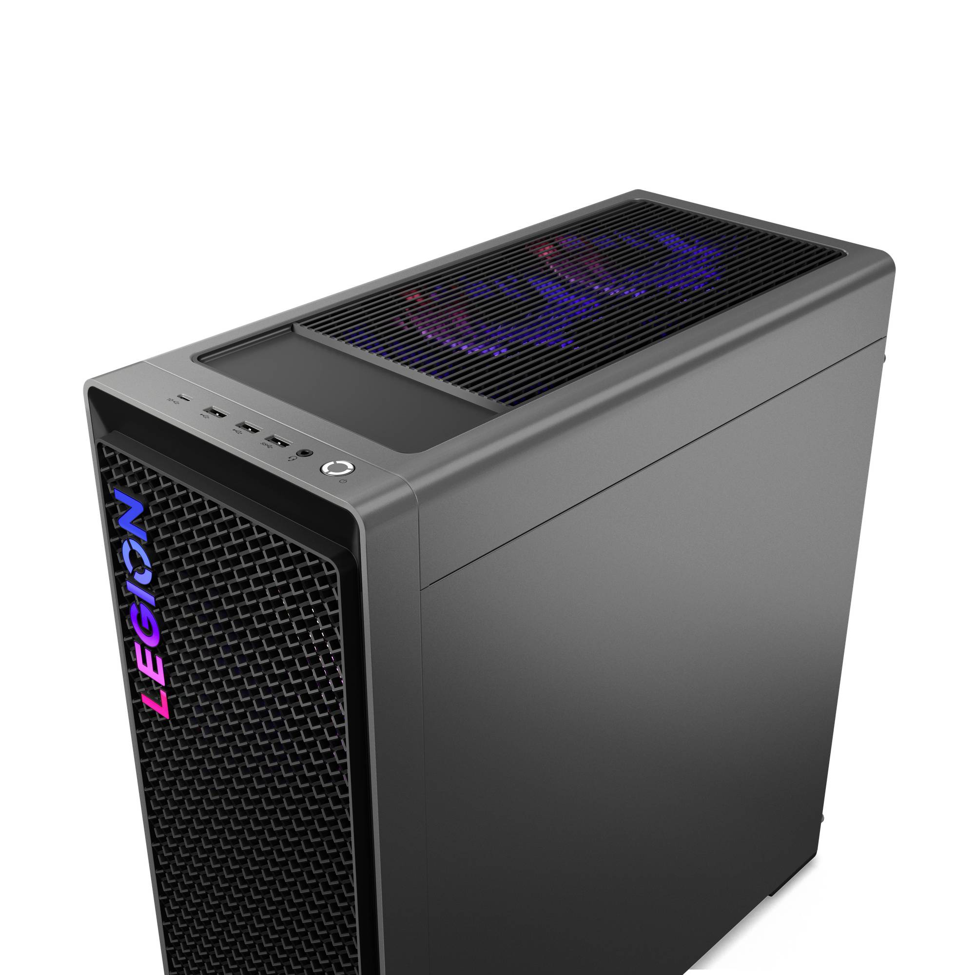 Tour PC de bureau noire avec panneau avant et supérieur en maille, ports d'alimentation et USB avant, et marquage "NEON" illuminé.