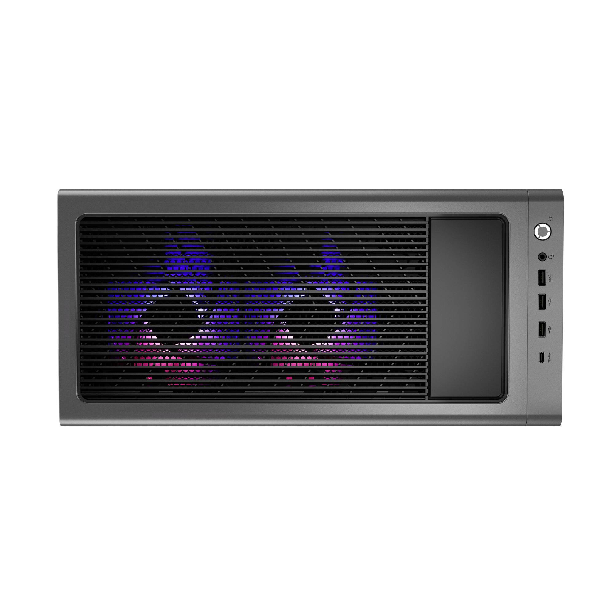 Vue de face d'un boîtier PC avec deux ventilateurs éclairés RGB derrière une grille noire et les ports d'alimentation et USB avant sur le côté droit.