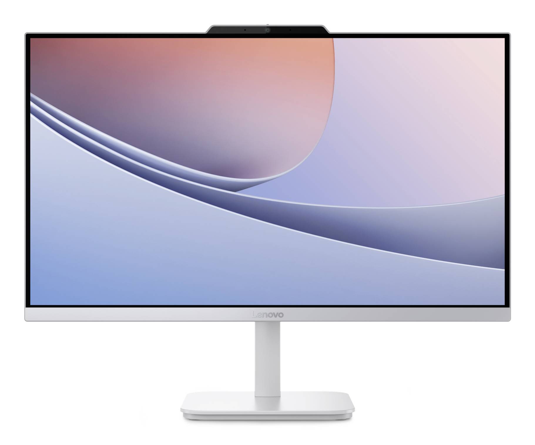 Un moniteur de bureau Lenovo avec un fond d'écran abstrait minimaliste bleu et rose sur un fond blanc.