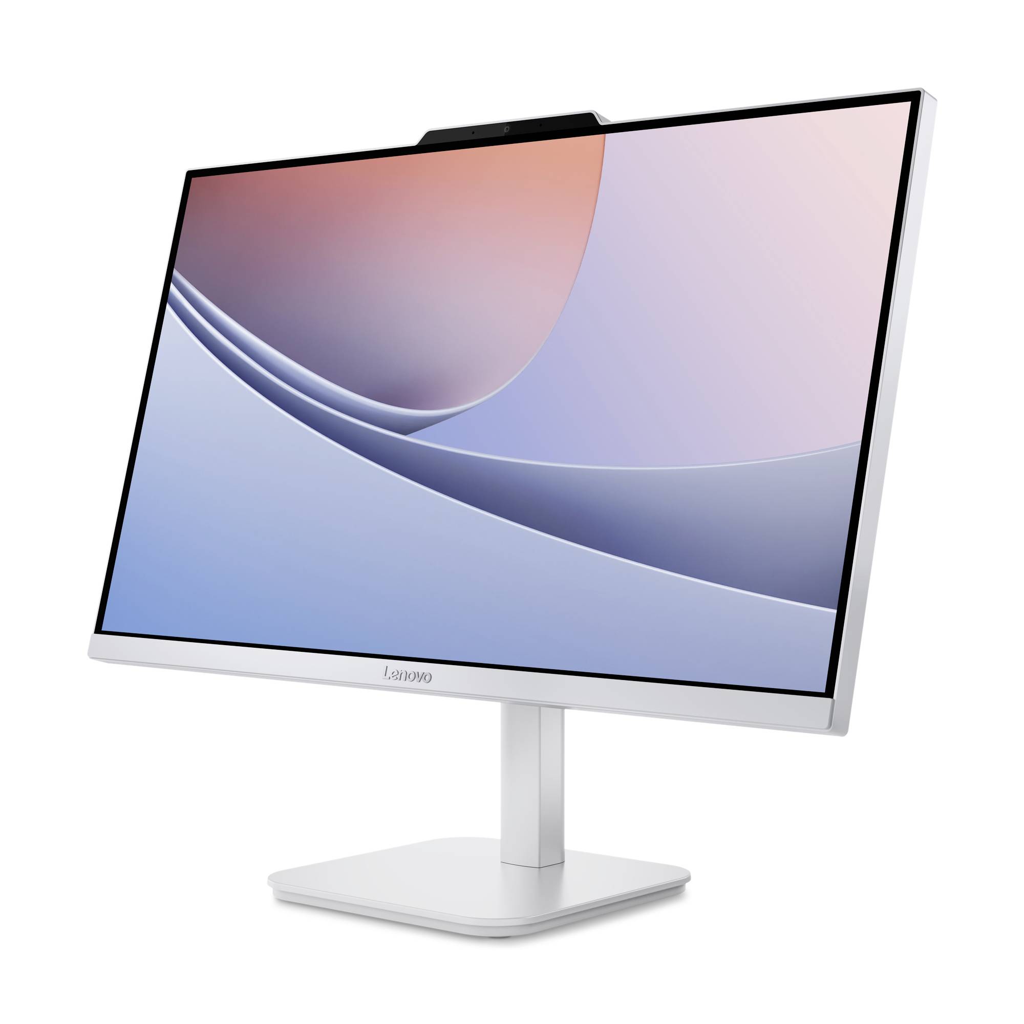 Moniteur de bureau tout-en-un Lenovo blanc sur pied avec fond d'écran abstrait bleu et rose.