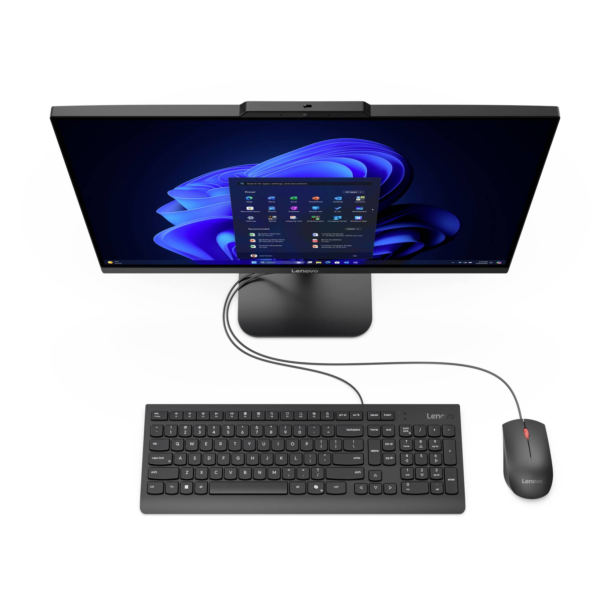 Ordinateur de bureau tout-en-un Lenovo avec moniteur grand écran, clavier et souris filaire sur fond blanc.