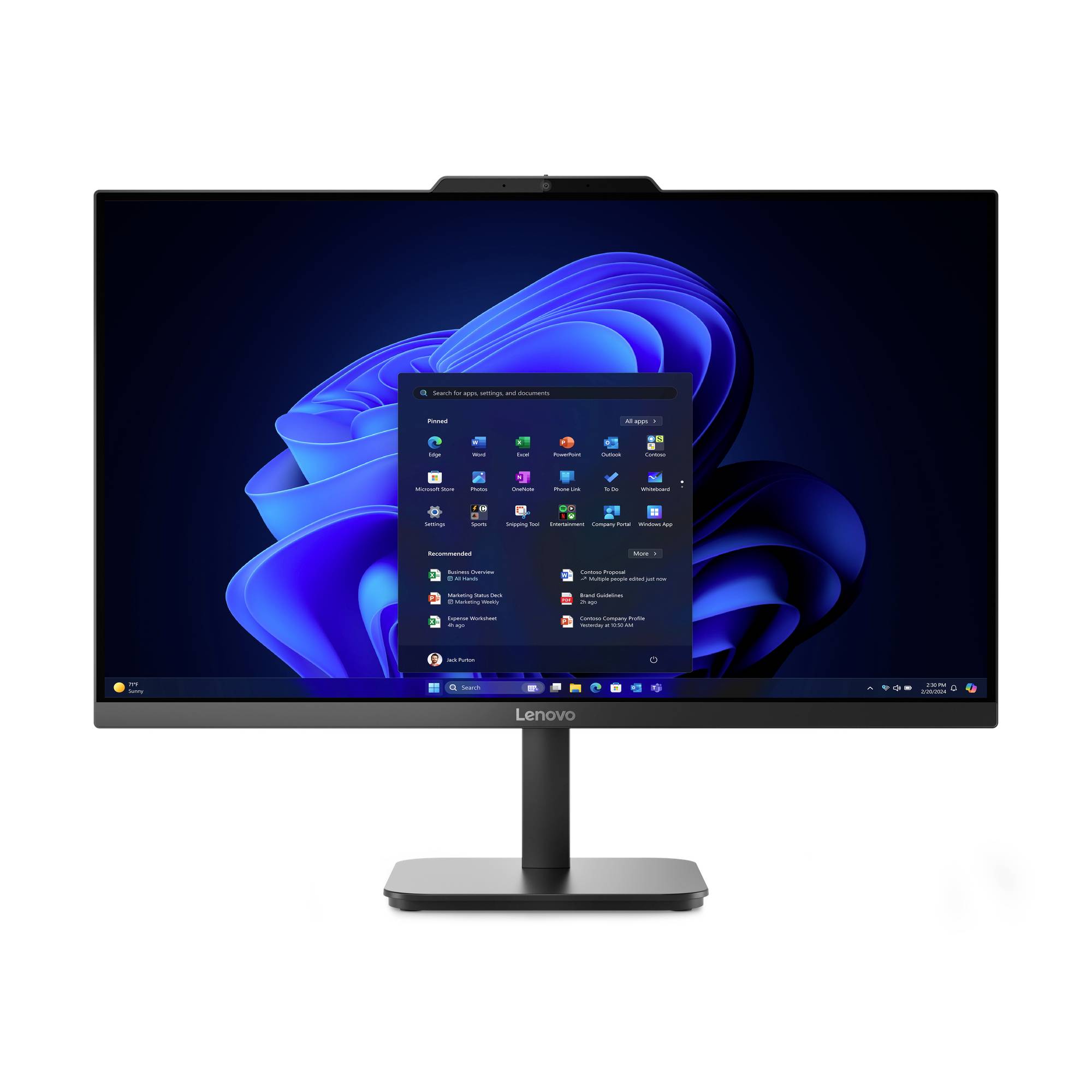 Moniteur de bureau Lenovo affichant le bureau Windows 11 avec le menu Démarrer ouvert sur un fond d'écran abstrait bleu.