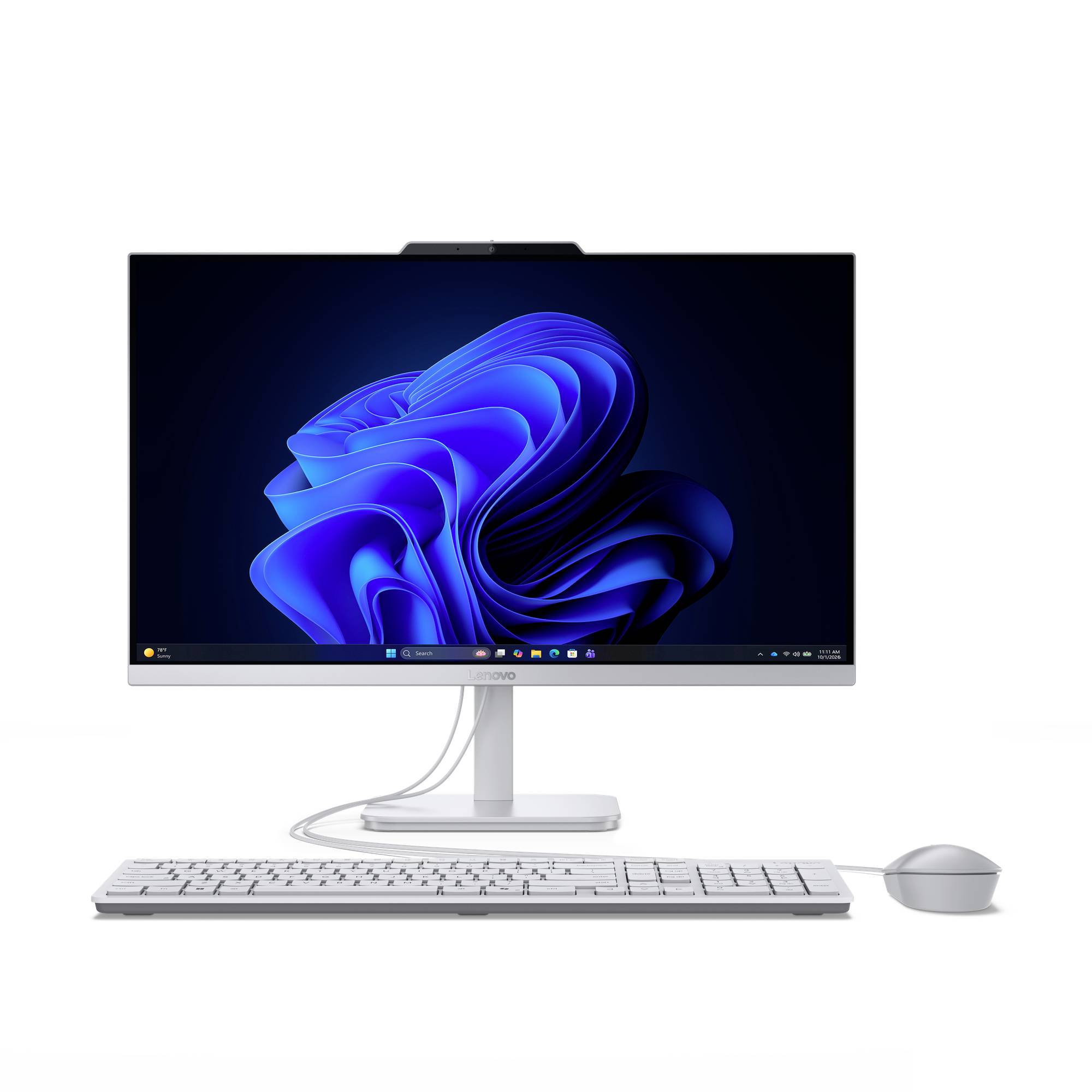 Ordinateur de bureau tout-en-un avec un moniteur affichant un fond d'écran abstrait bleu de style Windows, plus un clavier et une souris sur un fond blanc.