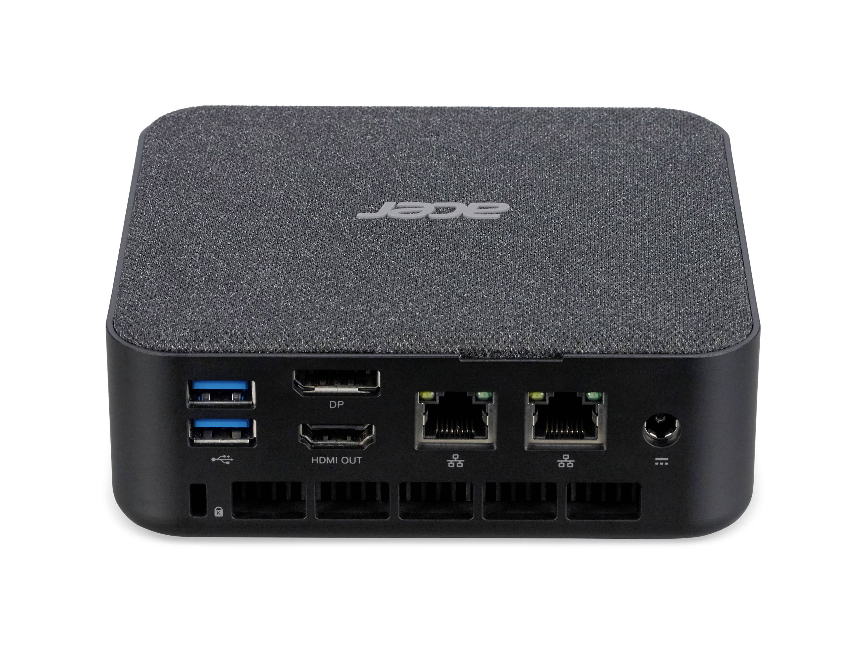 Vue de face d'un mini PC Acer montrant les ports, y compris USB, DisplayPort, HDMI en sortie, Ethernet et une prise d'alimentation.