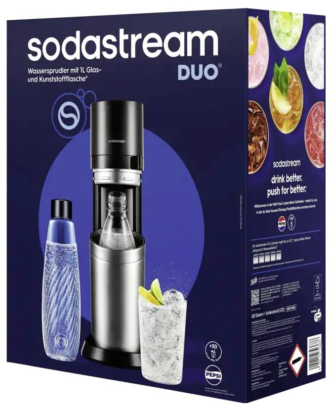 Boîte de produit SodaStream DUO montrant un appareil à sodas avec des bouteilles en verre et en plastique, une boisson pétillante, et le texte « buvez mieux. poussez pour mieux. »