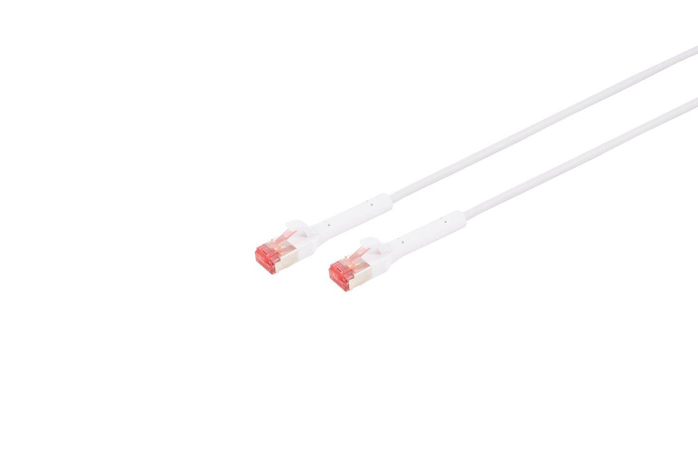 Deux câbles réseau Ethernet transparents avec des connecteurs rouges sur un fond blanc.