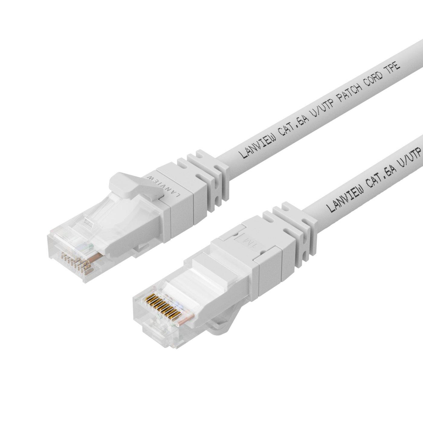 Deux connecteurs de câble Ethernet blancs sur un fond blanc, étiquetés « LANTEU CAT.6A U/UTP PATCH CORD TPE ».