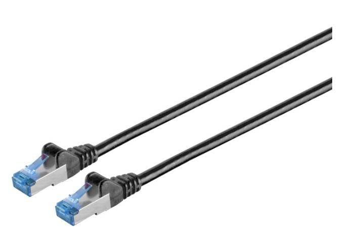 Deux câbles Ethernet noirs avec des connecteurs RJ45 bleus sur un fond blanc, présentés côte à côte.