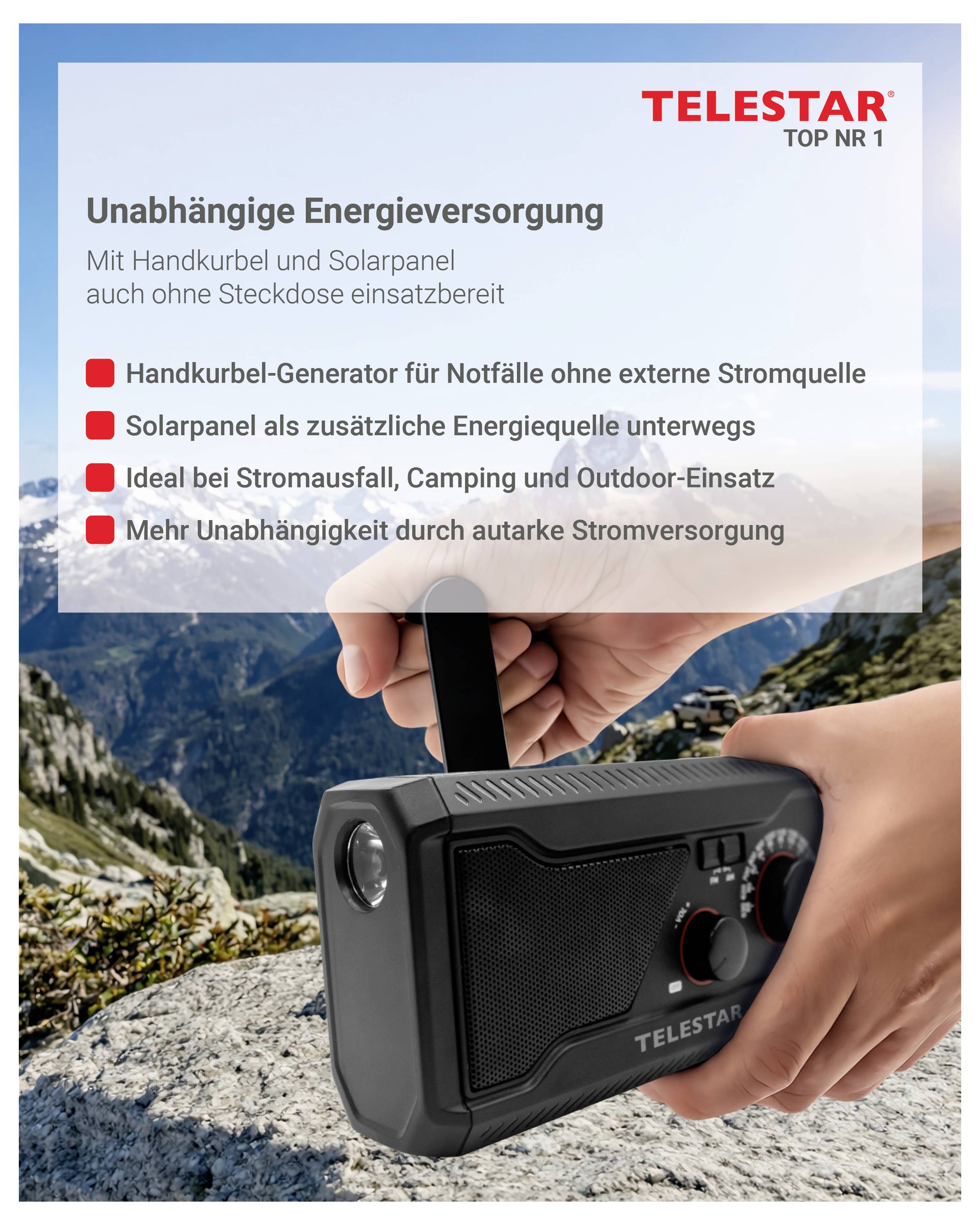 TELSTAR radio d'urgence avec manivelle et panneau solaire, promouvant une alimentation électrique indépendante pour les pannes, le camping et l'utilisation en plein air.
