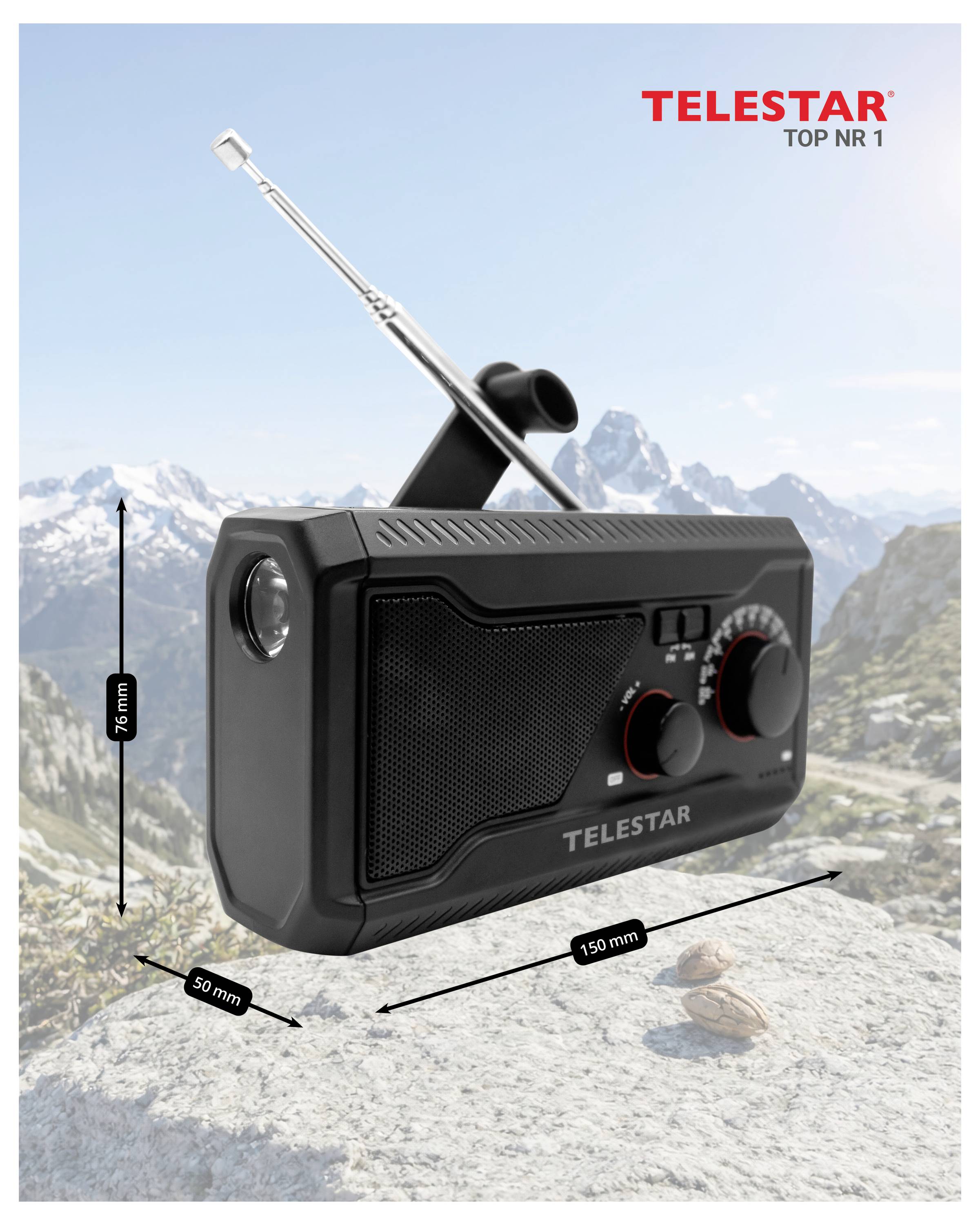 Téléstar Top Nr 1 radio portable avec antenne, présentée sur fond de montagne avec dimensions indiquées : 76 mm de hauteur, 150 mm de largeur et 50 mm de profondeur.