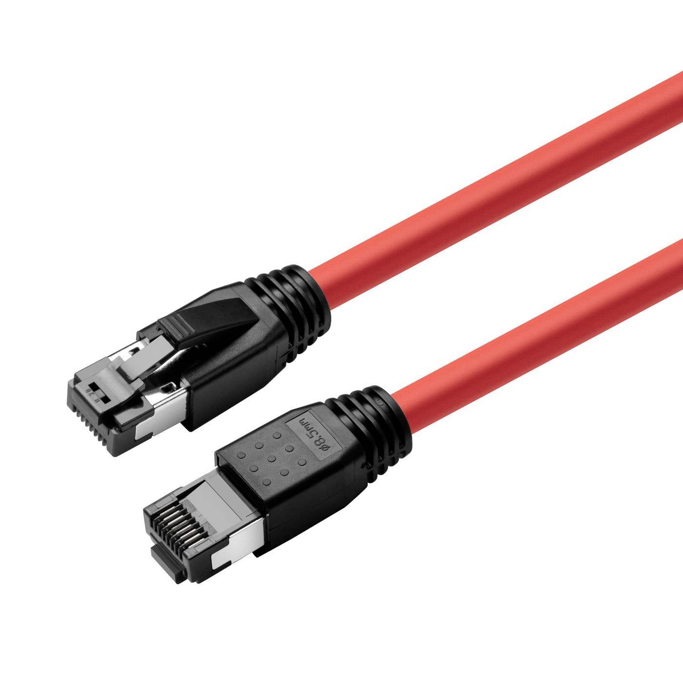 Deux câbles Ethernet rouges avec connecteurs RJ45, présentés sur un fond blanc.