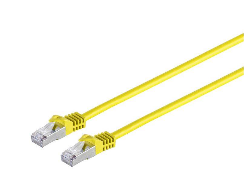 Deux câbles Ethernet jaunes avec des connecteurs RJ45 sur un fond blanc.