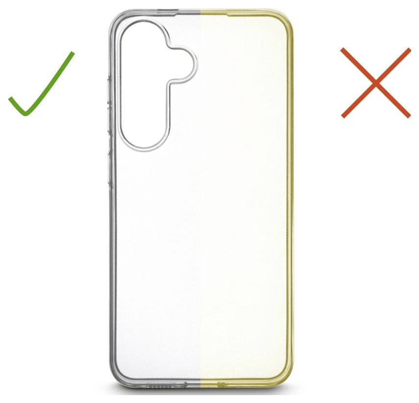 Étui de téléphone transparent montré de face et de dos, avec une coche verte à gauche et un X rouge à droite indiquant les orientations correctes et incorrectes.