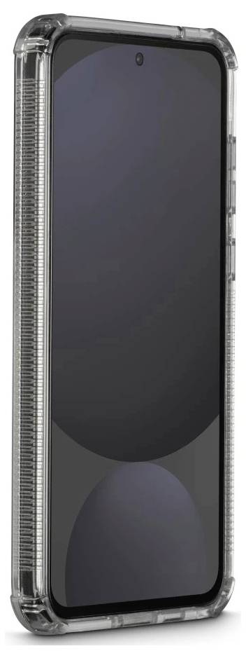 Smartphone noir dans une coque de protection transparente, présenté sous un angle sur un fond blanc.